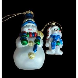 Twp Vintage Blown Glass Ornaments Snowmen With Broom Scarves Hats 5" and 3"